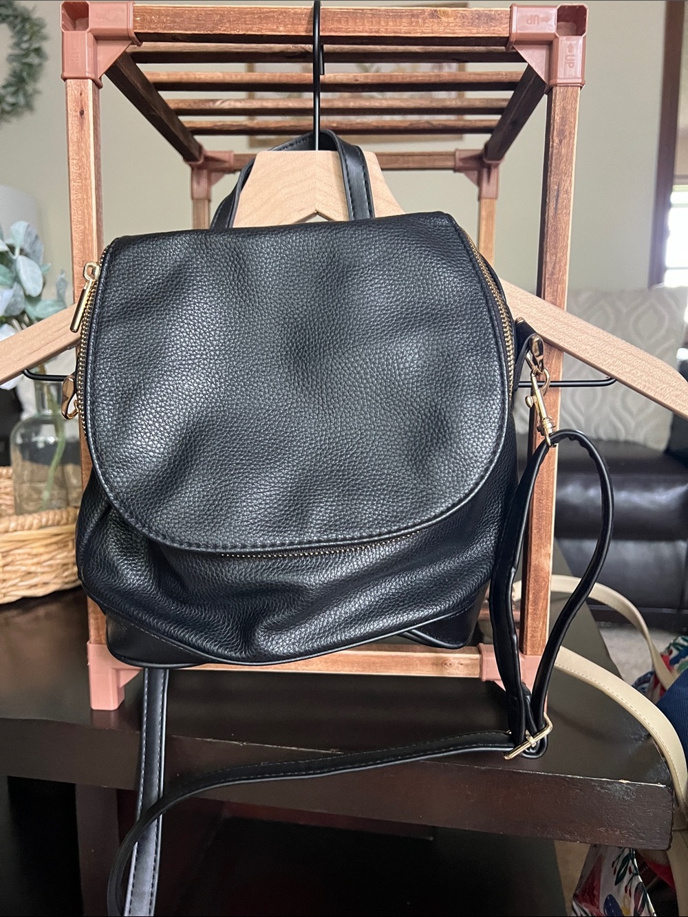 Black Leather Crossbody Backpack